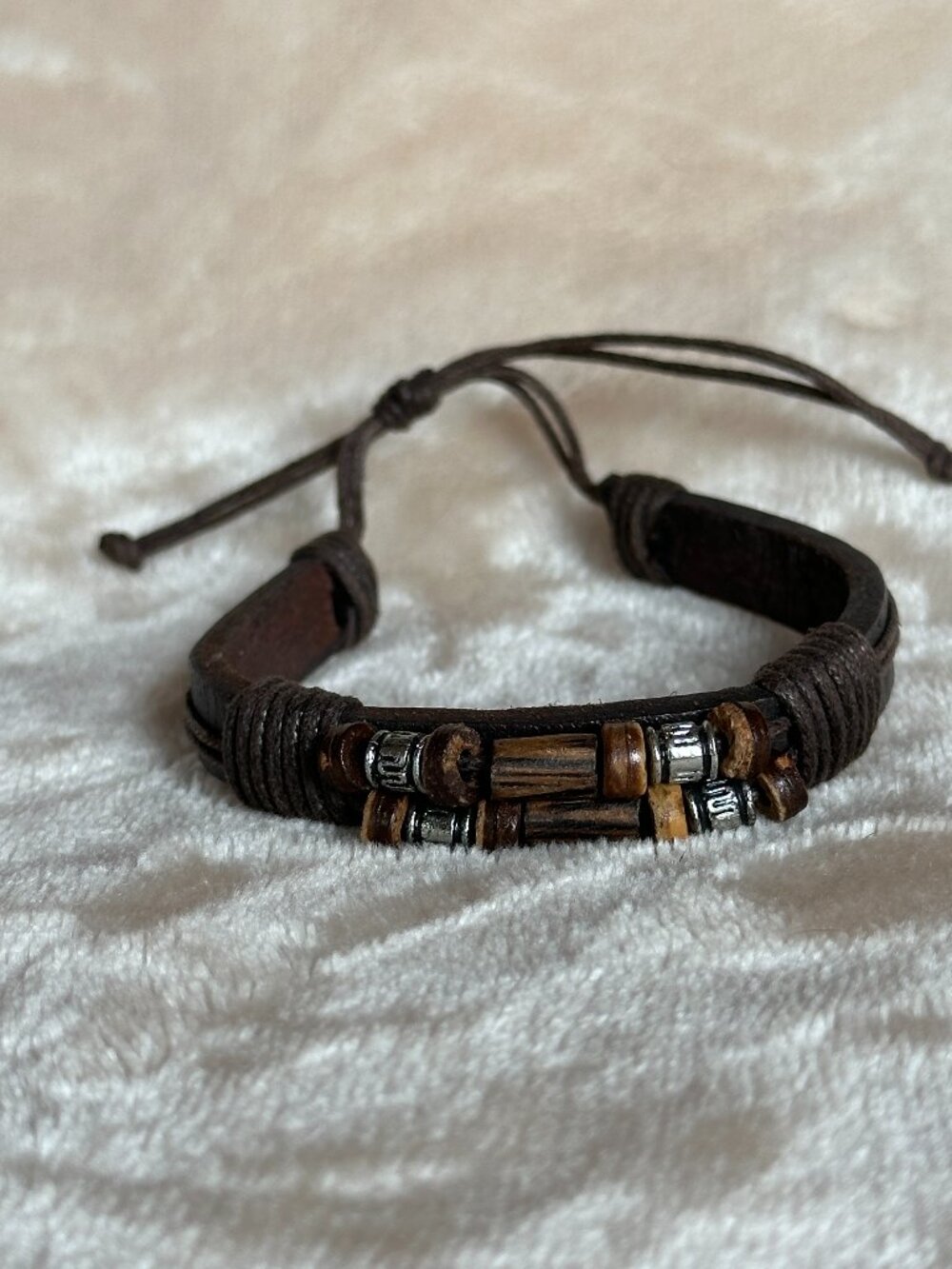 Brown Leather Silver Tone & Wood Bracelet Handcrafted Artisan Made Boho EUC